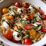 Orzo Salad with Pearl Mozzarella, Pesto, and Cherry Tomatoes