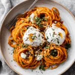 Creamy Red Pepper Pasta with Burrata and Herbs