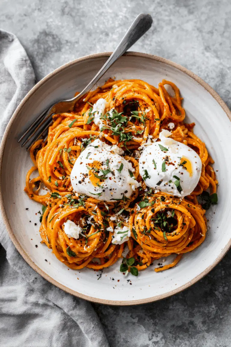 Creamy Red Pepper Pasta with Burrata and Herbs