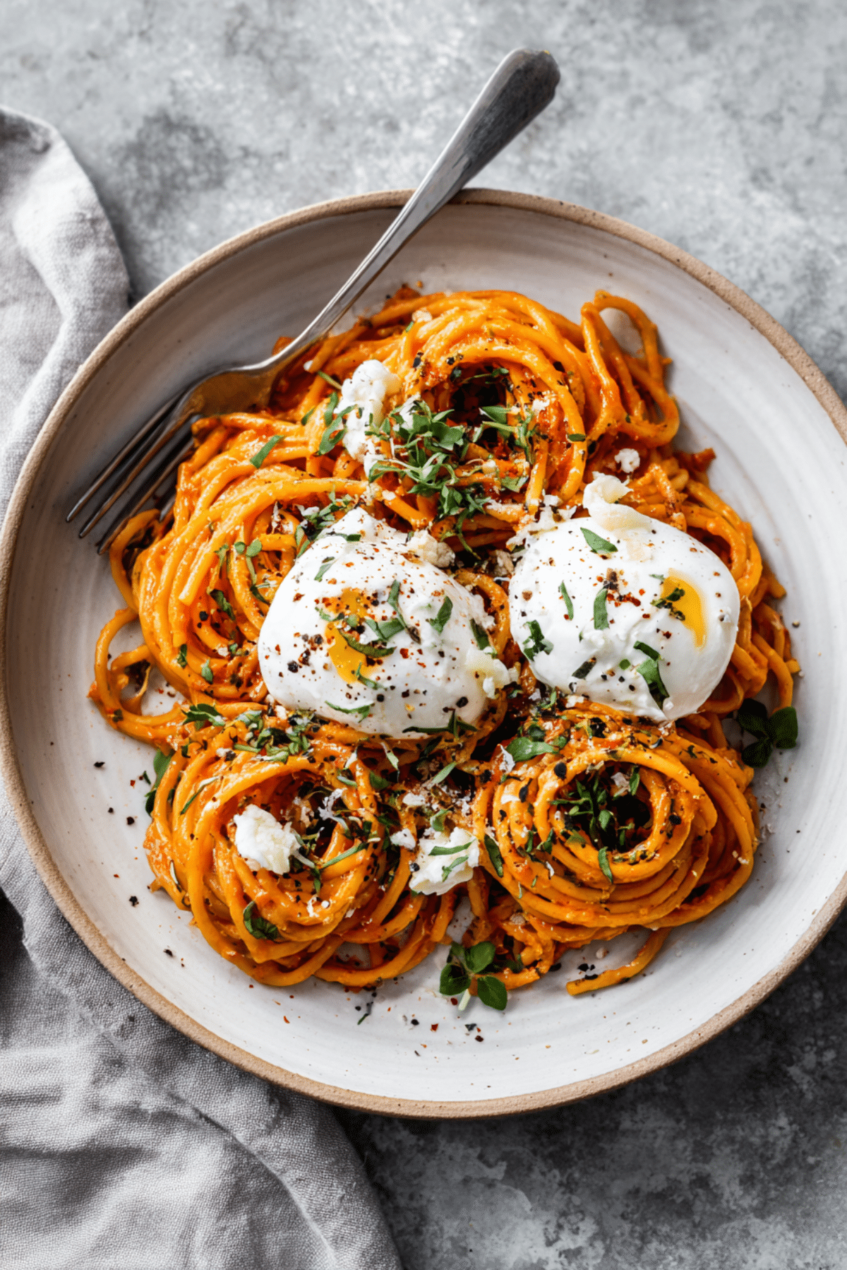 Creamy Red Pepper Pasta with Burrata and Herbs