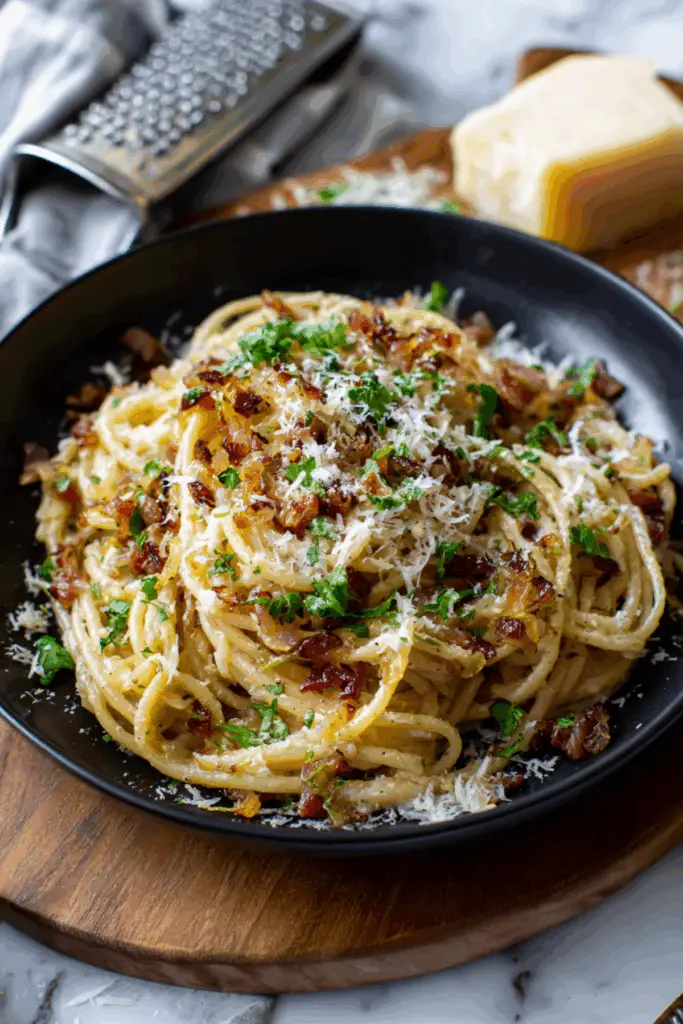 Caramelized Onion Spaghetti-Carbonara Style