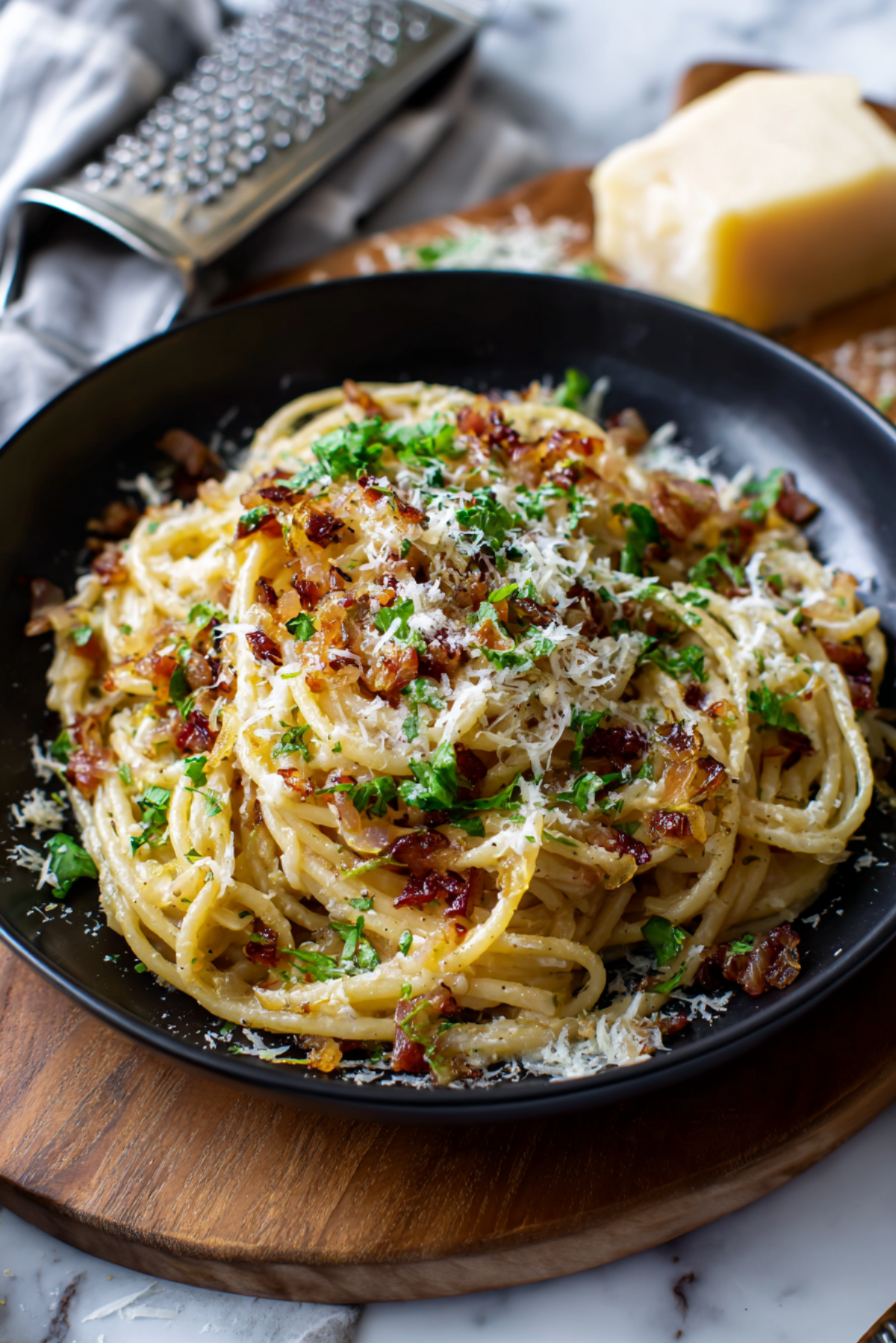 Caramelized Onion Spaghetti-Carbonara Style