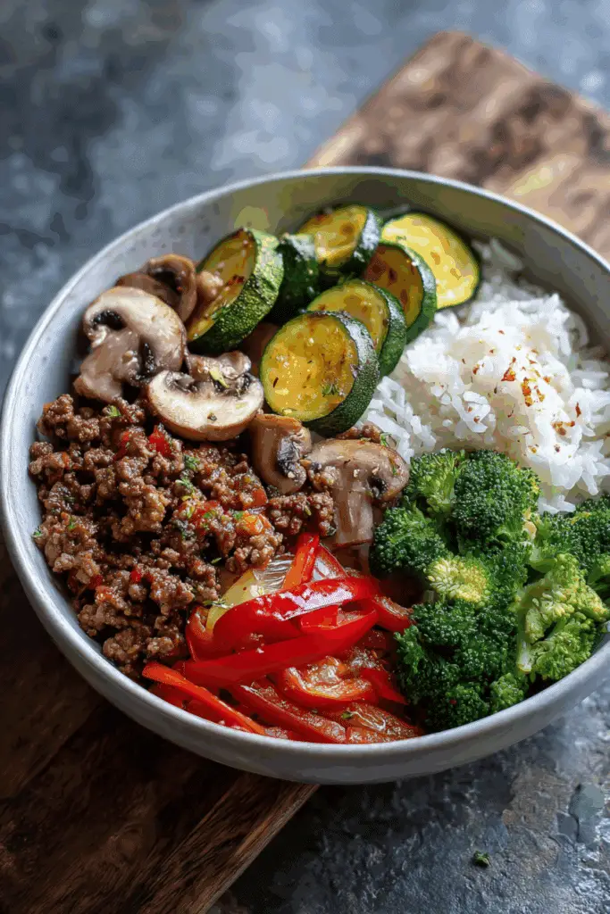Spicy Ground Beef Stir-Fry Bowl with Garlic Veggies & Steamy Rice