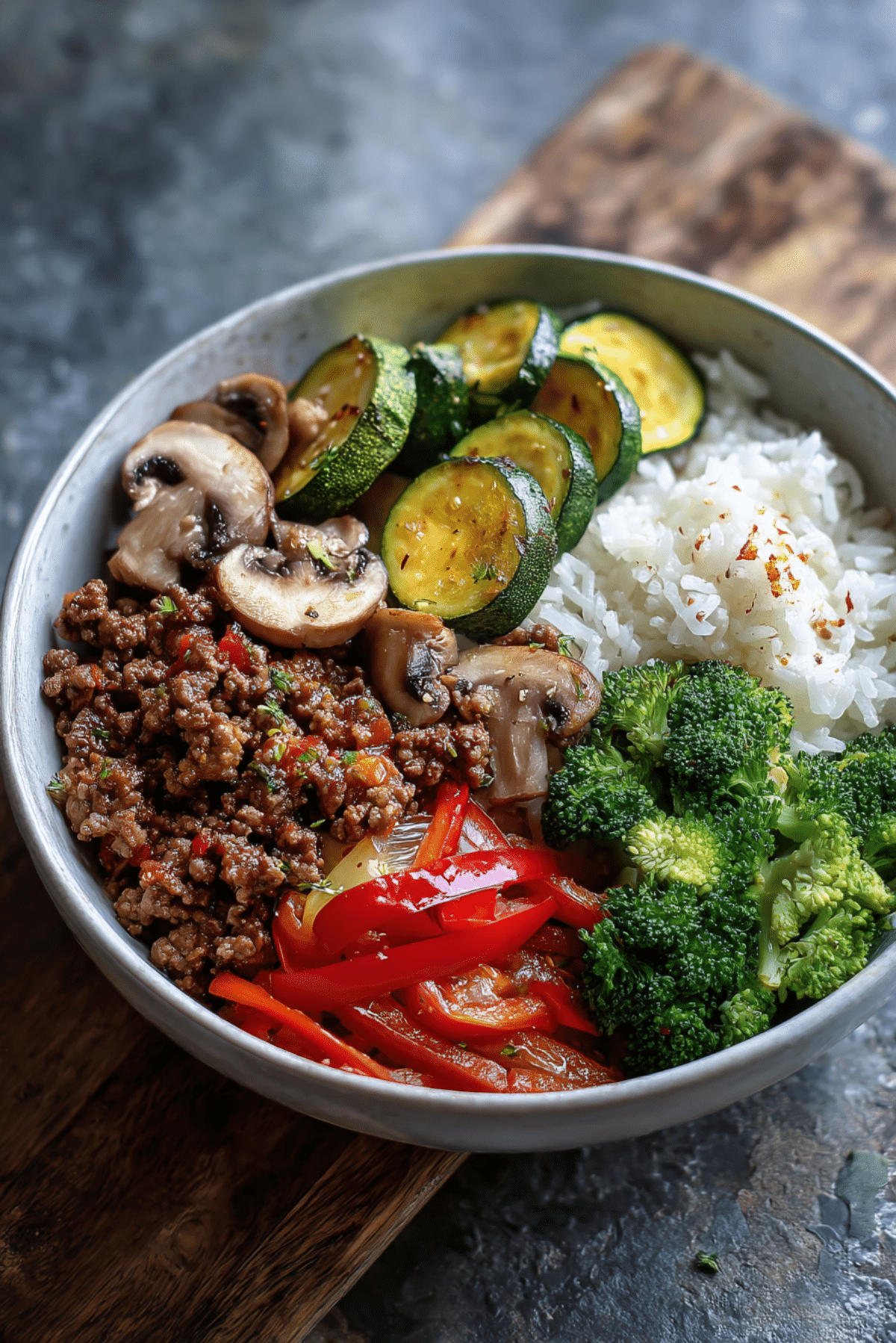 Spicy Ground Beef Stir-Fry Bowl with Garlic Veggies & Steamy Rice