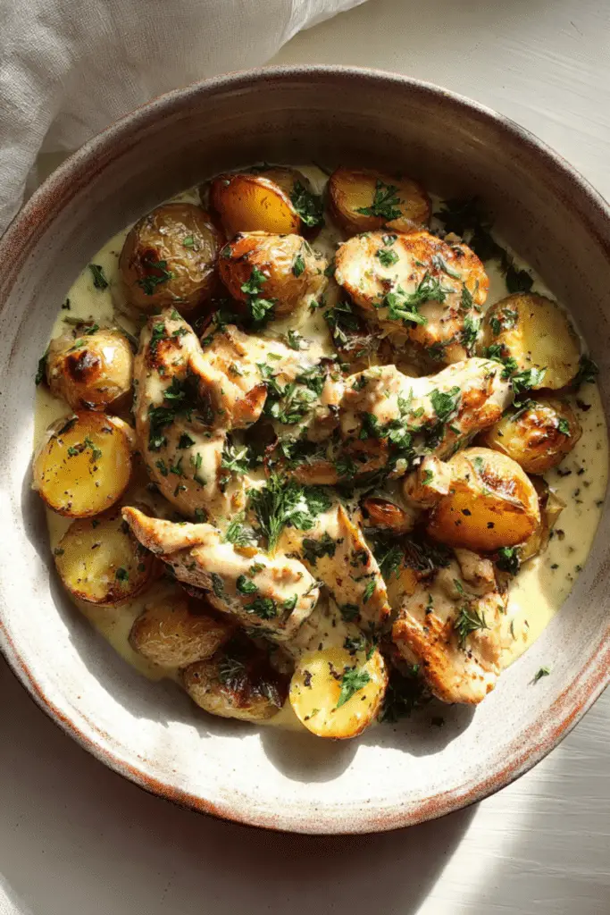 Garlic Potato Topped Chicken Pots