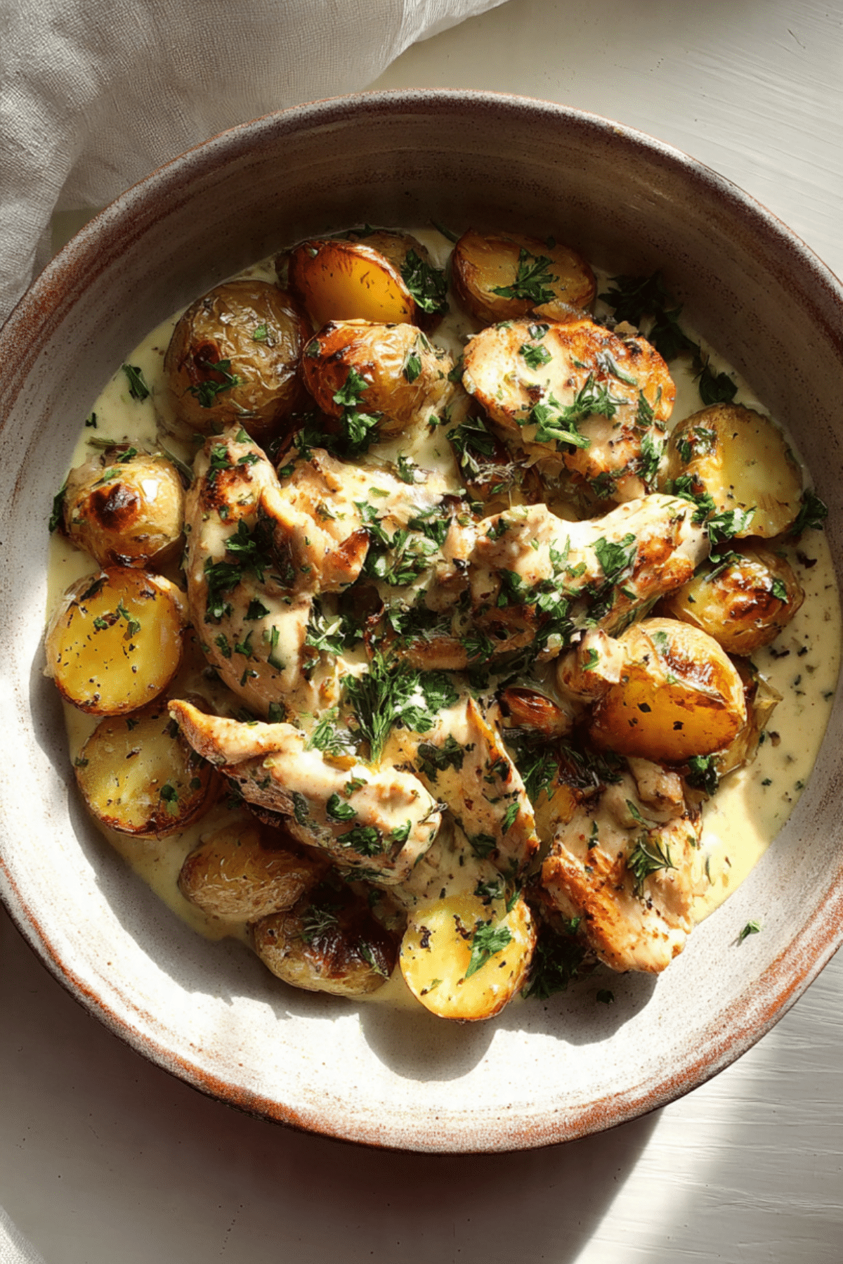 Garlic Potato Topped Chicken Pots