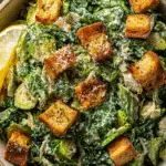 Brussels & Kale Caesar with Cheezy Garlic Croutons