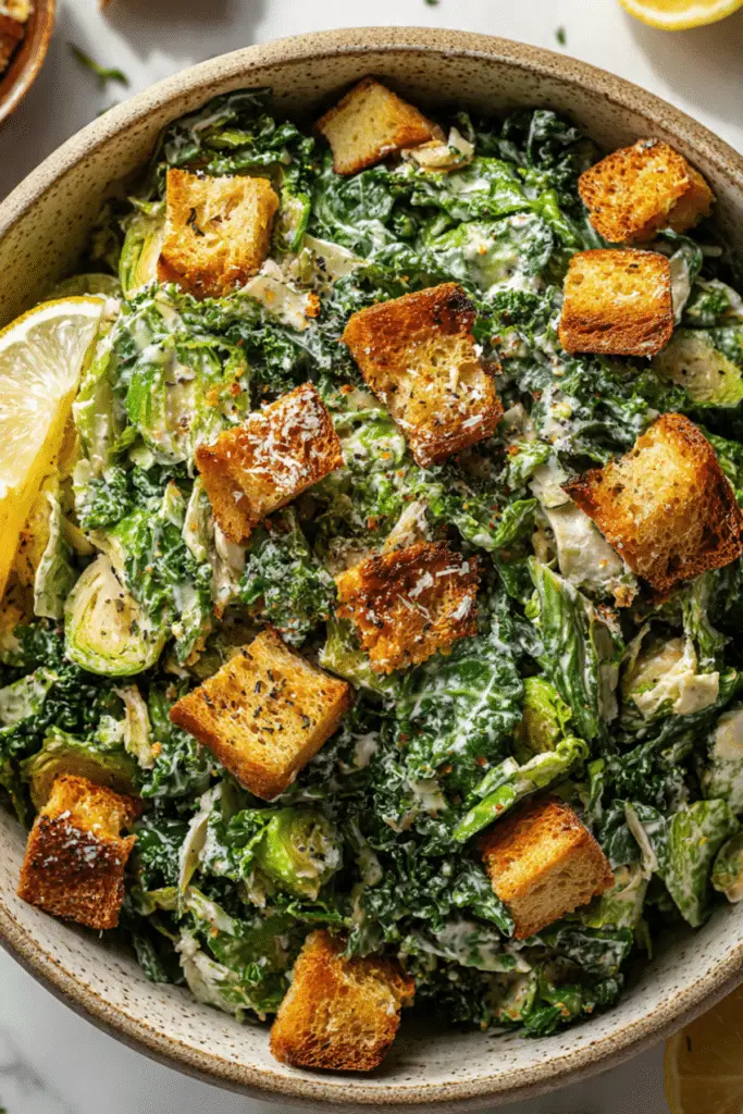 Brussels & Kale Caesar with Cheezy Garlic Croutons