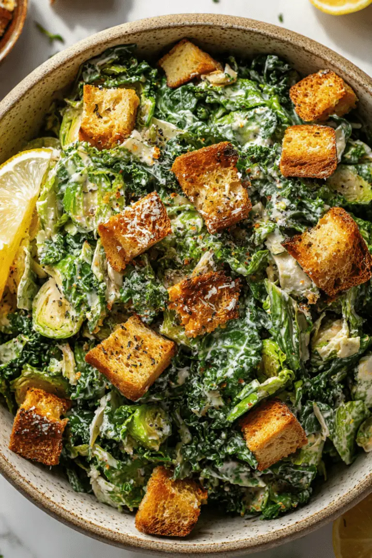 Brussels & Kale Caesar with Cheezy Garlic Croutons