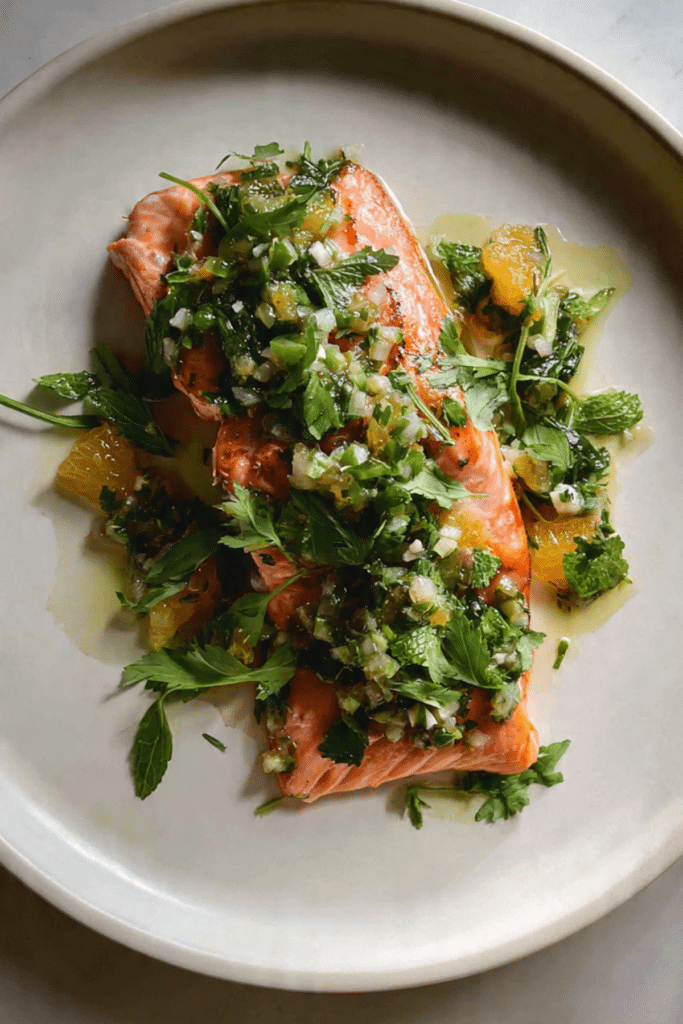Slow Roasted Salmon with Citrus Salsa Verde