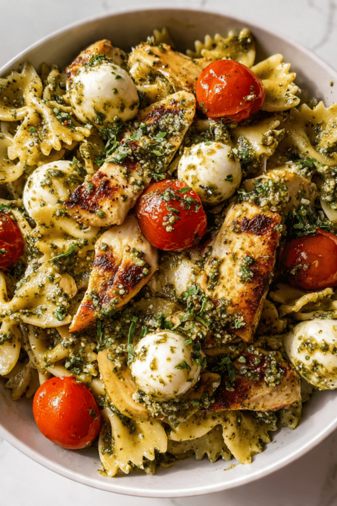 Pesto Chicken Farfalle Salad with Mozzarella Pearls