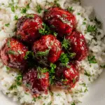 Cranberry-Glazed Turkey Meatballs with Herb Rice