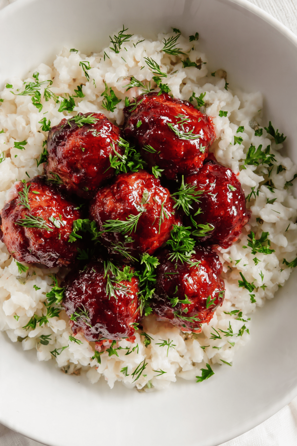 Cranberry-Glazed Turkey Meatballs with Herb Rice