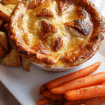 Chorizo & Mushroom Pot Pie, Roast Potatoes, and Carrots