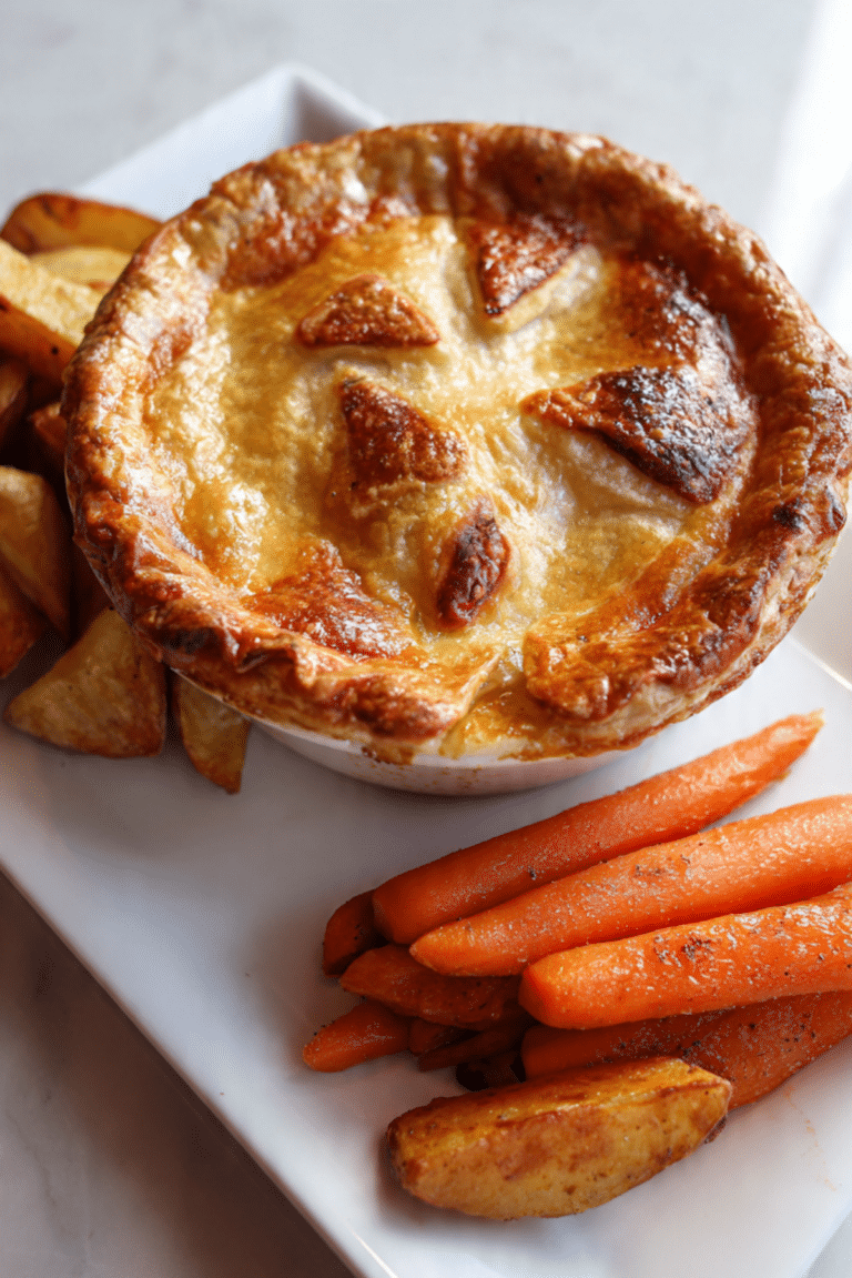 Chorizo & Mushroom Pot Pie, Roast Potatoes, and Carrots