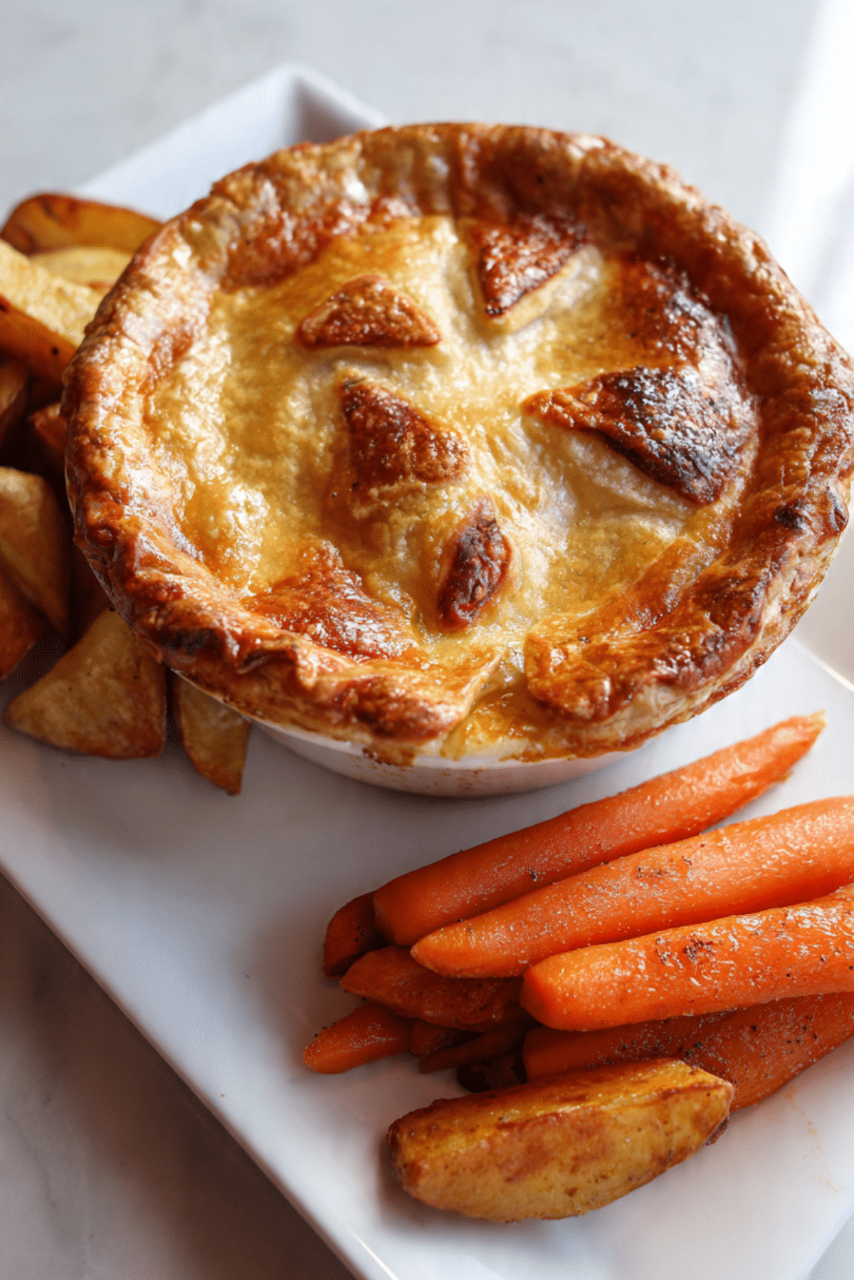 Chorizo & Mushroom Pot Pie, Roast Potatoes, and Carrots