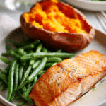 Pan-Seared Salmon with Green Beans & Baked Sweet Potato
