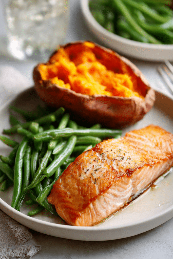 Pan-Seared Salmon with Green Beans & Baked Sweet Potato