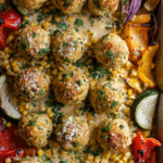 Sheet Pan Elote Meatballs with Roasted Veggies