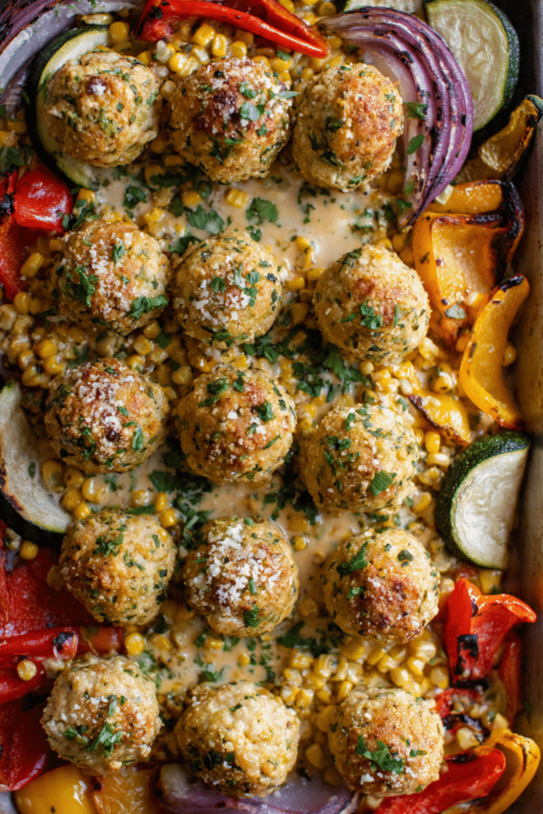 Sheet Pan Elote Meatballs with Roasted Veggies