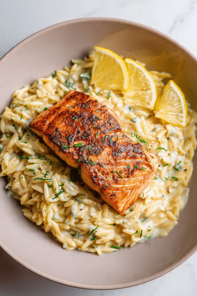 Creamy Garlic Orzo with Salmon
