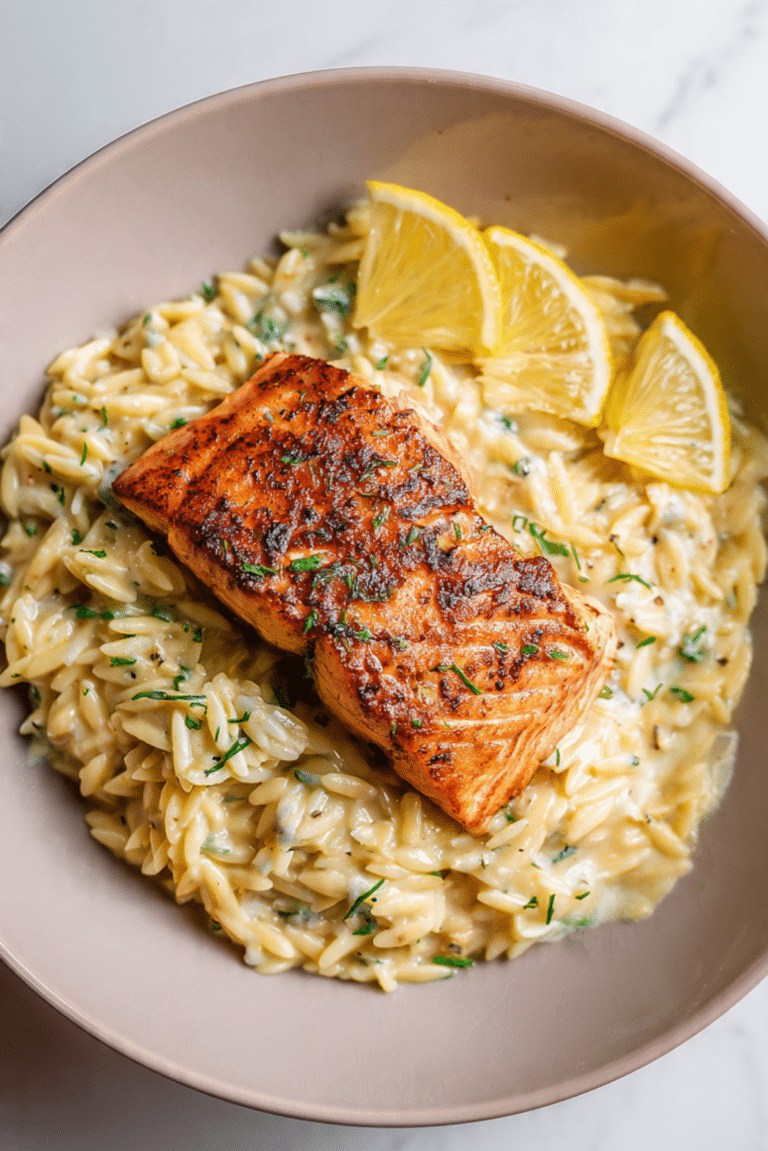 Creamy Garlic Orzo with Salmon
