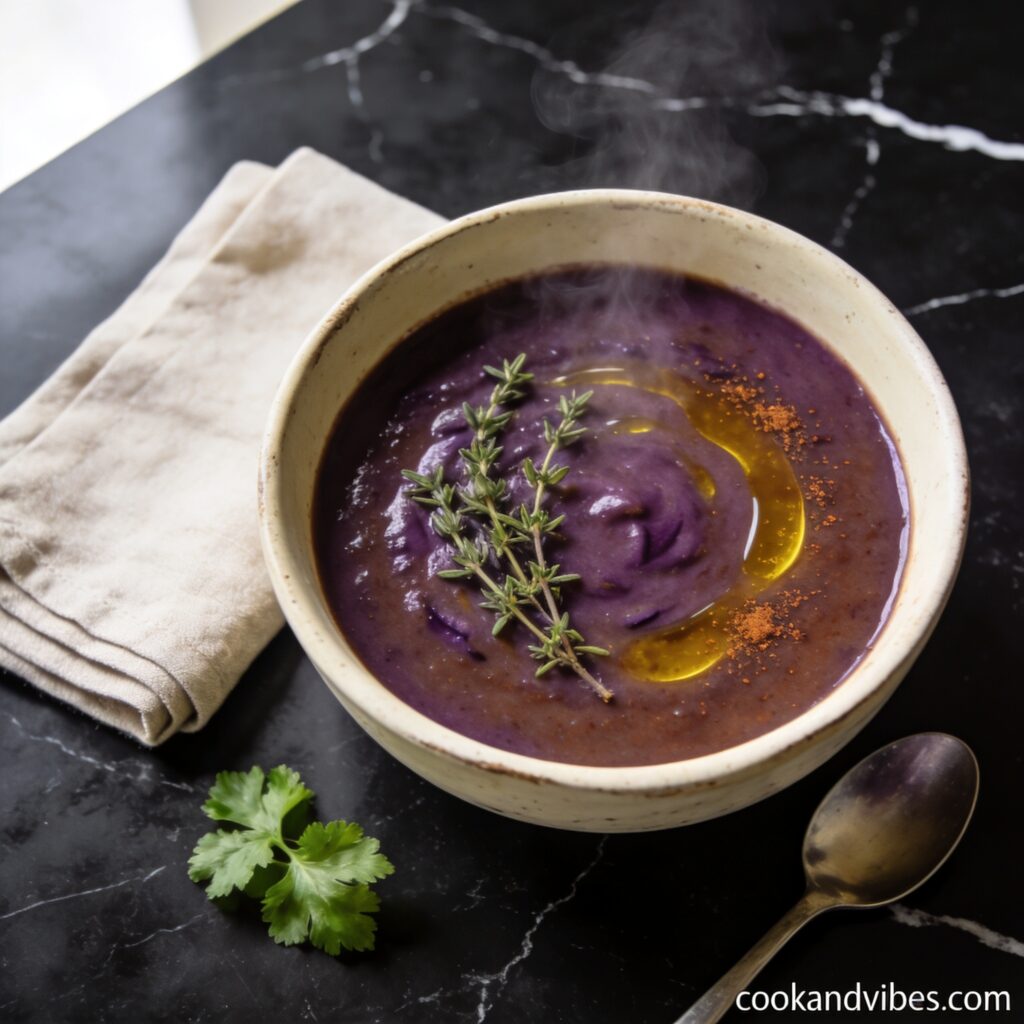 Gluten free roasted eggplant soup in cream ceramic bowl with thyme garnish and steam rising on black marble countertop